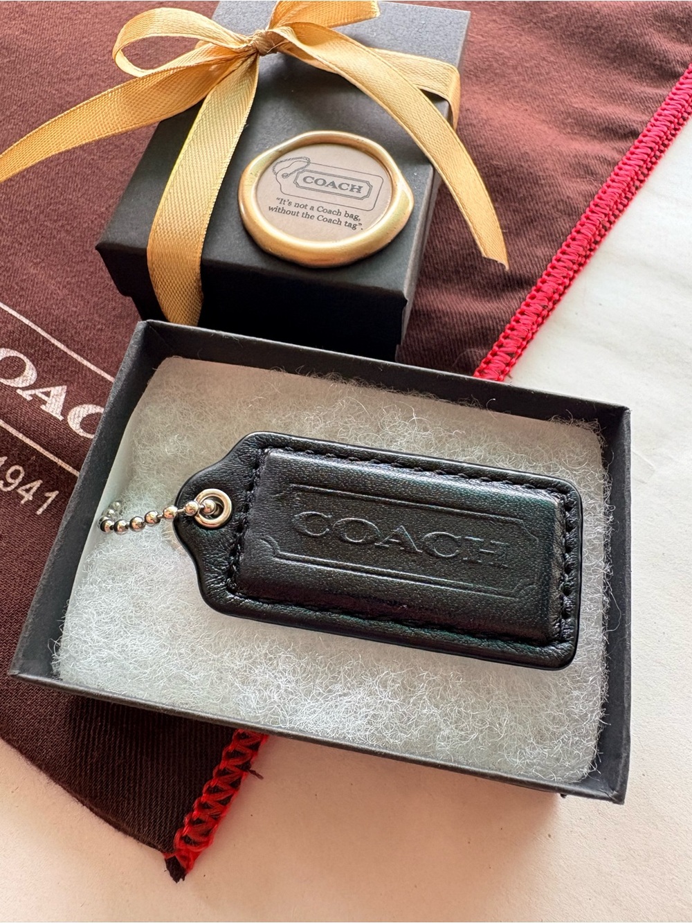 Y2K Coach 2.5” Large Black Leather Vintage Leather Hangtag Bag Charm Key Fob